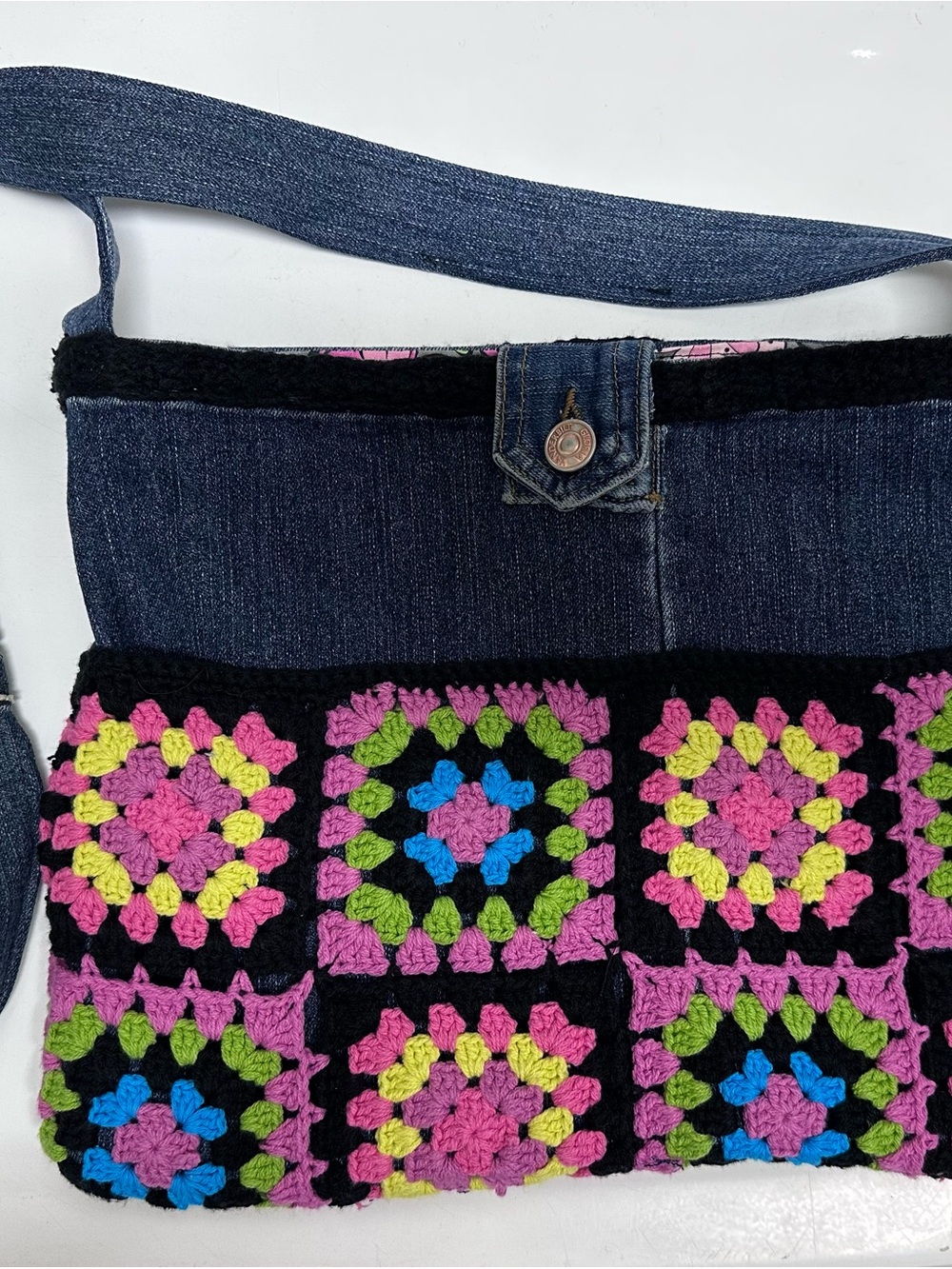 Denim & Crochet Patchwork Crossbody Bag - Pink, Green, Blue